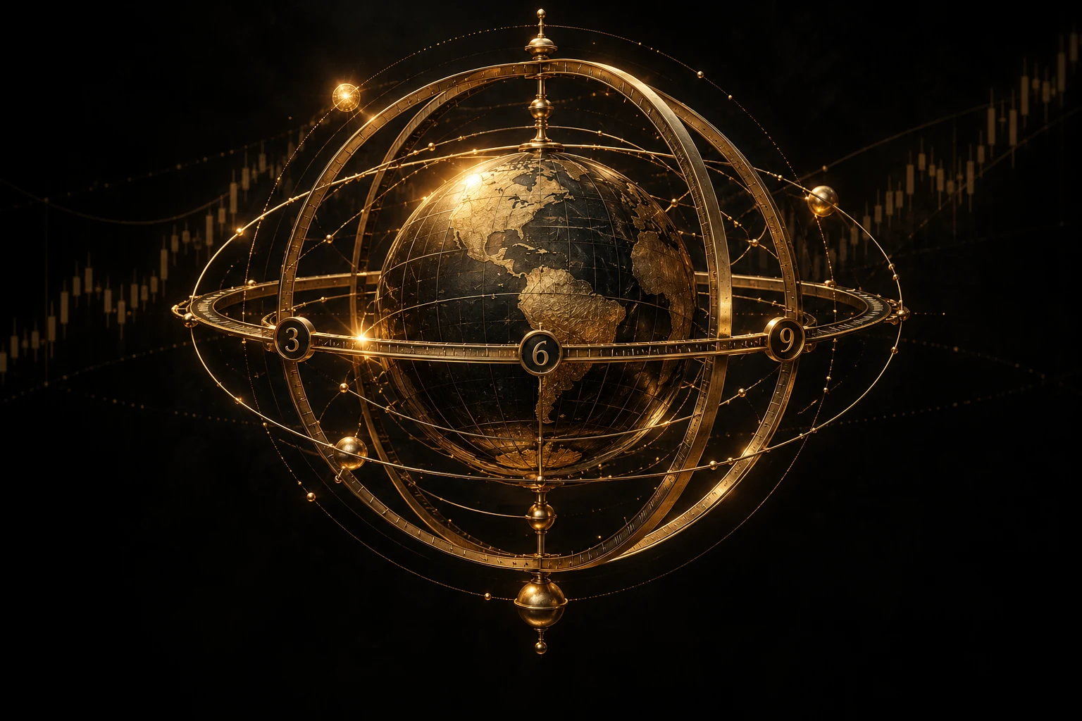 A gold armillary globe with 3, 6 and 9 on its orbital rings